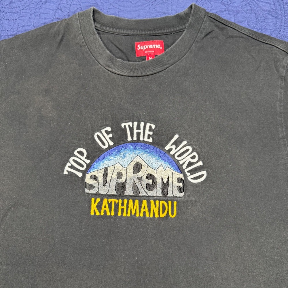 Supreme Kathmandu Top of the World Embroidered T-Shirt Black Mens M Faded